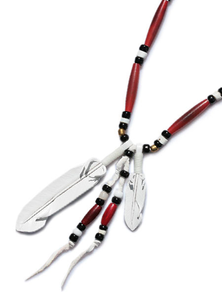 Rooster King & Co. Leather Feather & Long Beads Necklace (White Leather)