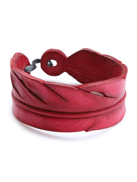 S-hook Carved Leather Feather Bangle (Red)