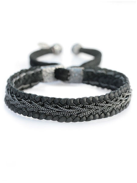 Braided Leather Silver Link Bracelet [B-101028]