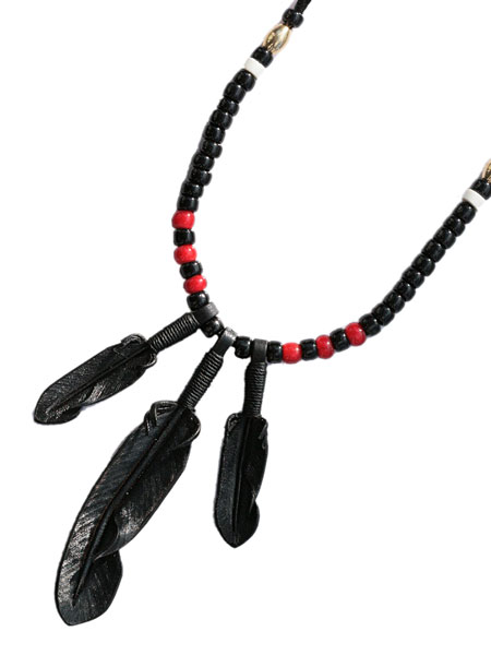 3 Leather Feather & Beads Necklace (Black)