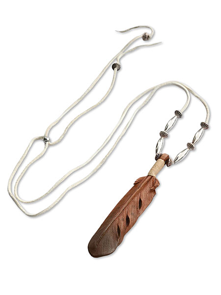 Carving Leather Feather Necklace With Navajo Beads / ネックレス