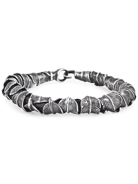 M.Cohen OX WRAPPED FEATHERS ON LEATHER WITH HOOK BRACELET [B-10659-OXI-BLK]
