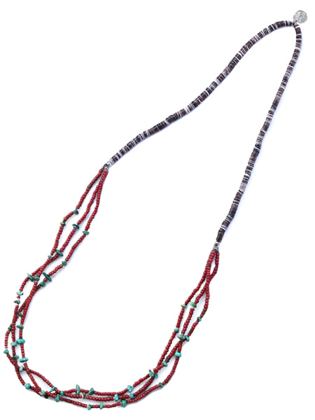 Antique beads necklace three-strand w/Turquoise