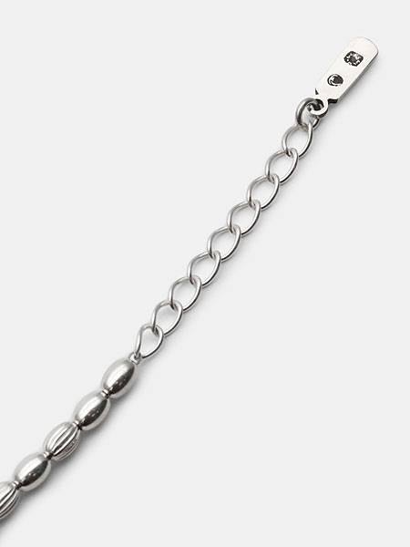 アジャスターチェーンとホールマーク調の刻印入りプレートタグ部分を写した画像。