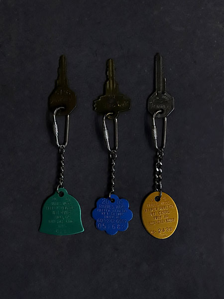 黒い背景に3色のドッグタグキーホルダーを並べ、カラーと雰囲気が引き立つように撮影したディスプレイ画像。