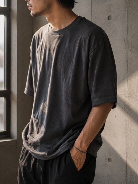 モノトーンのTシャツスタイルに合わせた、Lightweight STUDEBAKER CUFFの男性着用イメージ。