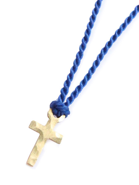 10K Tiny Cross Necklace (Blue Silk)