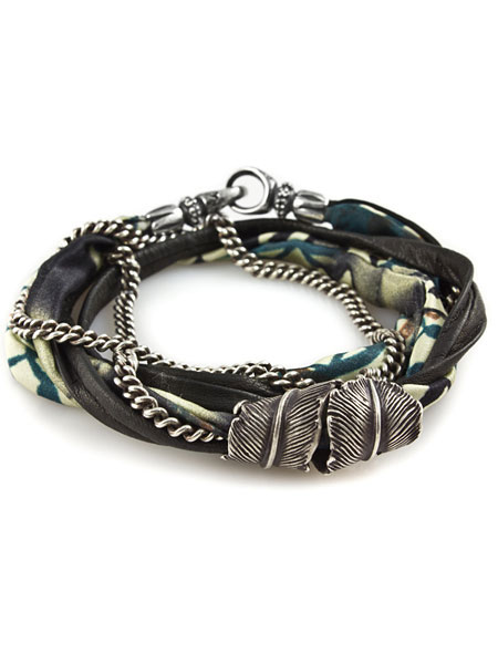 M.Cohen SILK LEAHTER AND OX CHAIN WRAP WITH FEATHER BRACELET [DB-10701-OXI-BLK]