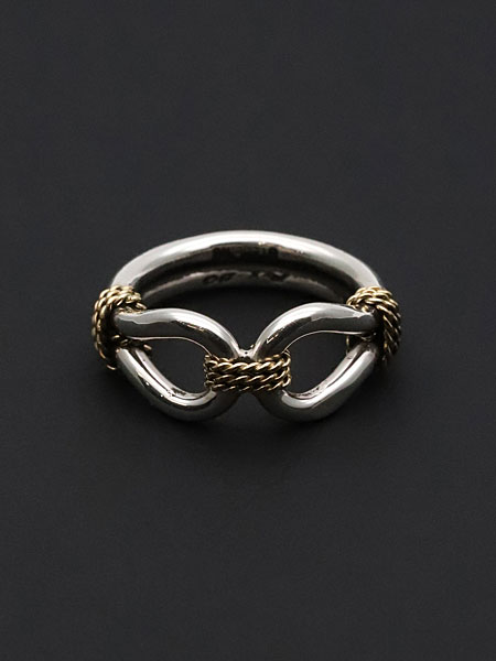 ホースウィスパラーリングを正面から撮影し、デザインの流れやゴールド部分の輝きがわかる画像。