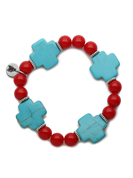 直上から撮影したブレスレットの全体像で、ビーズの配色やボリューム感が一目で伝わる画像。